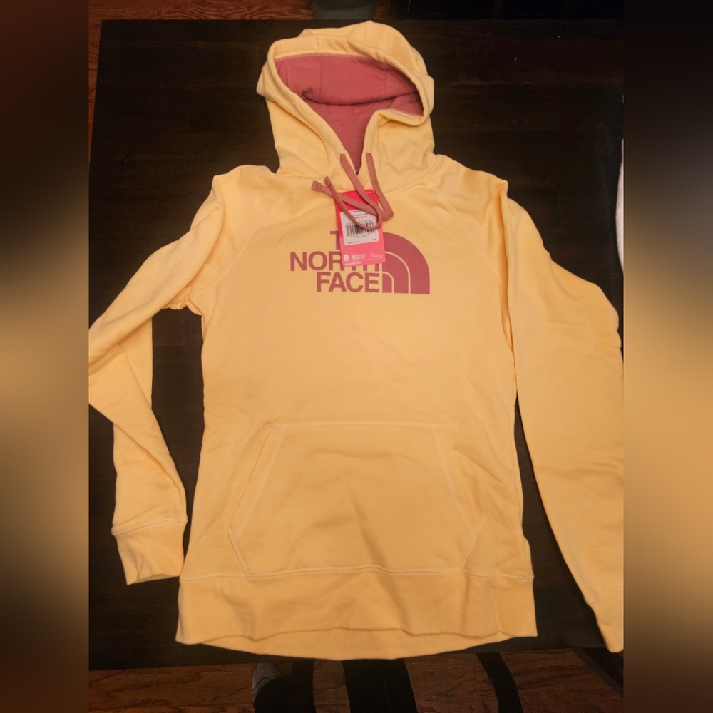 The North Face Pastel Yellow Hoodie with Pink Logo